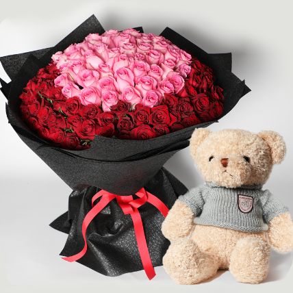Teddy And 99 Roses Bouquet