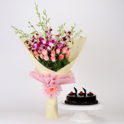 Truffle Cake With Orchids Roses Bunch