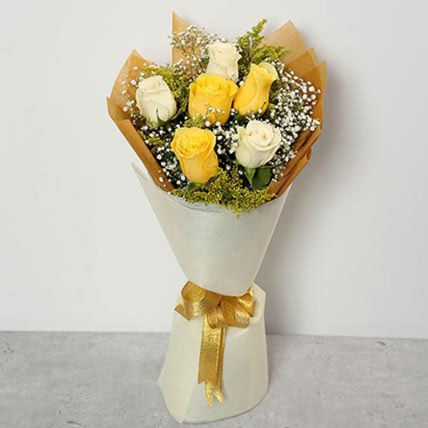White And Yellow 6 Roses Bouquet